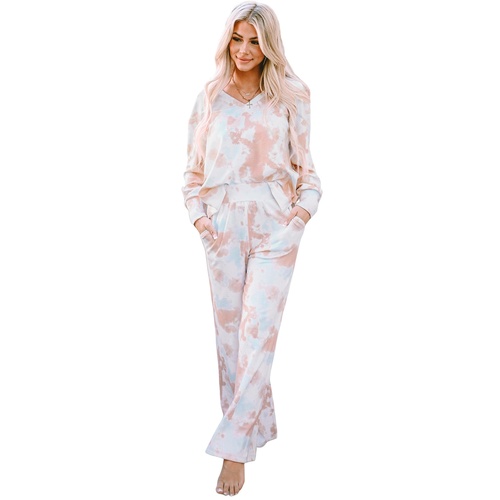 Multicolor Tie Dye Print V Neck High Waist Lounge Set - S - Main Image