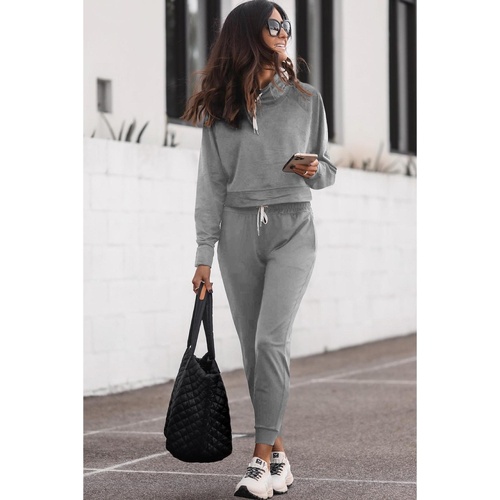 Gray Drawstring Hoodie and High Waist Pants Lounge Set - XL - Main Image