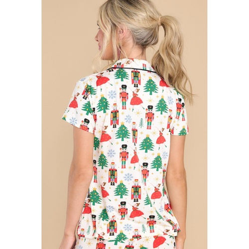 White Printed Christmas Pattern Buttoned Two Piece Sleepwear - M - Main Image