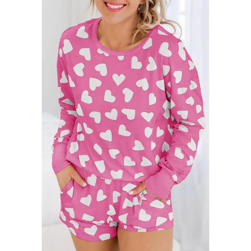 Pink Valentine Heart Shape Print Long Sleeve Top Shorts Lounge Set - L - Main Image