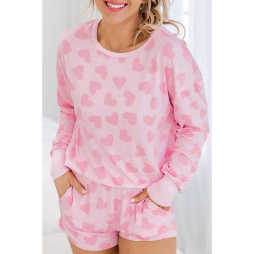 Pink Valentine Heart Shape Print Long Sleeve Top Shorts Lounge Set - L - Main Image