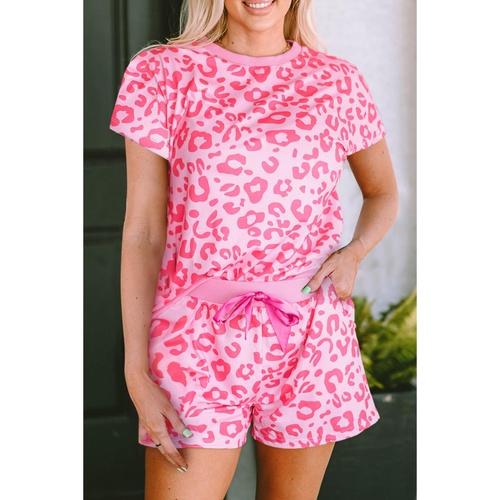 Pink Leopard Print Tee and Satin Tie Shorts Lounge Set - M - Main Image