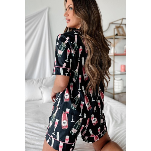 Black Champagne Print Silky Short Sleeve Pajamas Set - L - Main Image