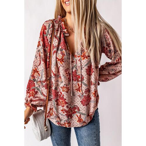 Azura Exchange Printed Split V Neck Blouse - S - Main Image