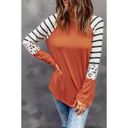 Azura Exchange Animal Print Long Sleeve Top with Striped Colorblock - M - Main Image