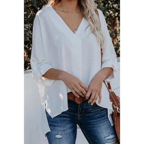 Azura Exchange V Neck 3/4 Sleeve High Low Hem Shirt - S - Main Image