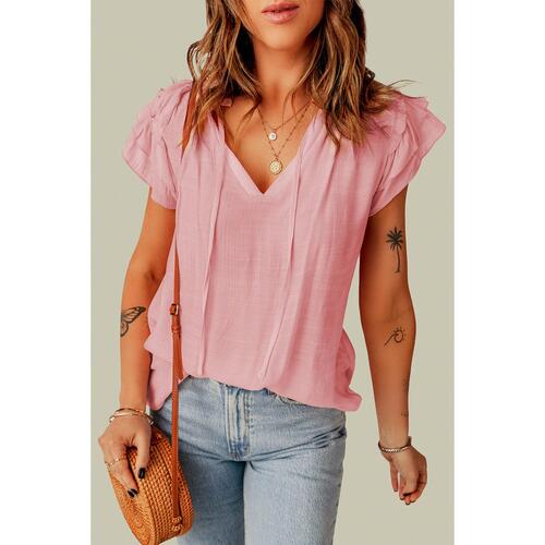 Azura Exchange Tiered Ruffled Drawstring V Neck Top - S - Main Image