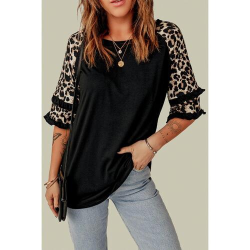 Azura Exchange Leopard Patchwork Ruffled Sleeve Top - S - Main Image