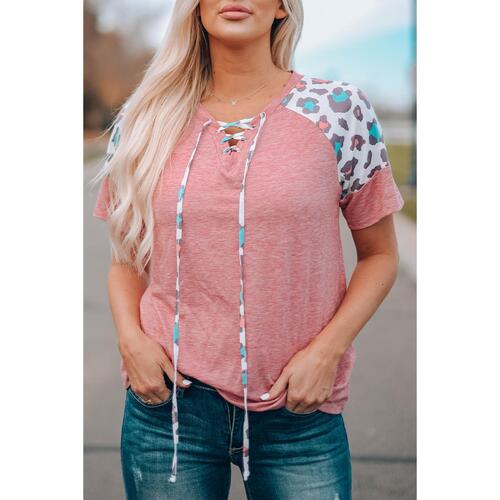 Azura Exchange Leopard Sleeve Lace-Up T-Shirt - S - Main Image