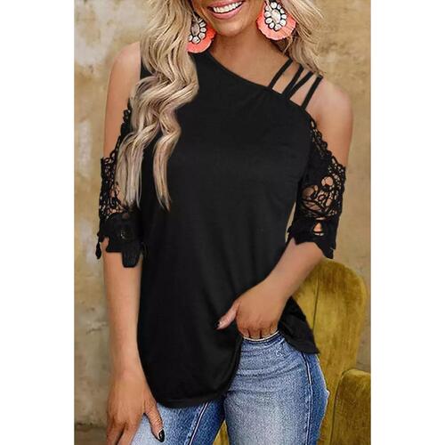 Azura Exchange Lace Splicing Strappy Cold Shoulder Top - S - Main Image