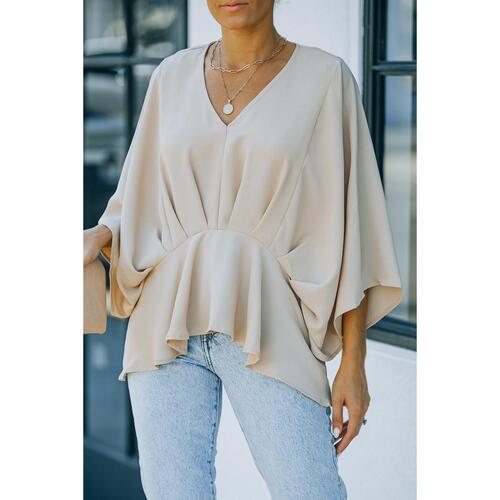 Azura Exchange Pleated Batwing Sleeve V Neck Blouse in 100% Polyester - M - Main Image