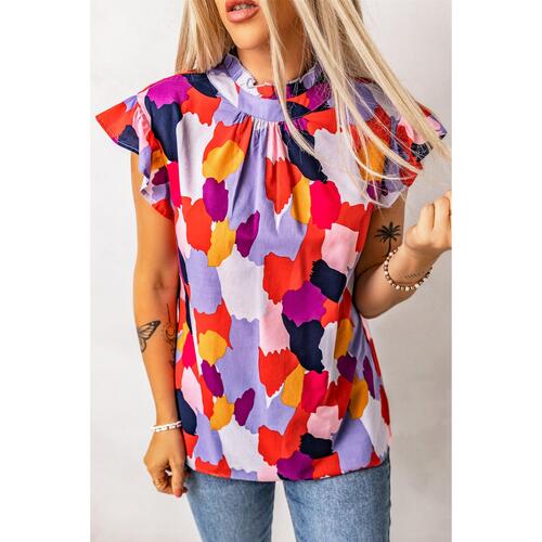 Azura Exchange Ruffle Cap Sleeve Frill Mock Neck Printed Top - S - Main Image