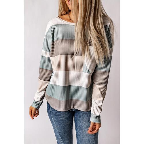 Azura Exchange Ribbed Color Block Long Sleeve Top with Pocket - S - Main Image