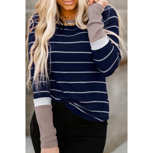 Azura Exchange Color Block Cuffs Rib Knit Striped Pullover - M - Main Image