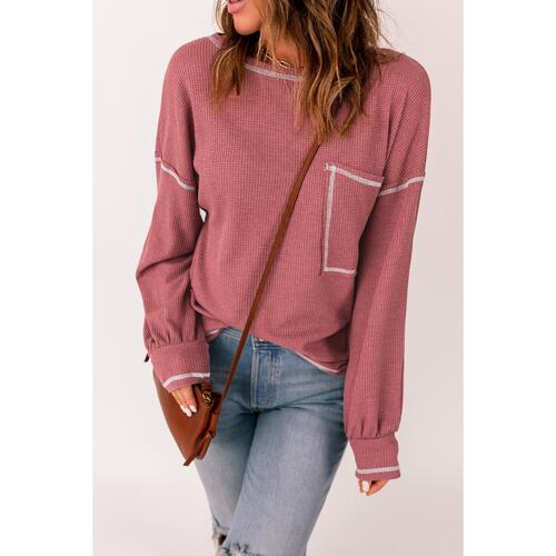 Azura Exchange Stylish Contrast Stitching Waffle Knit Pullover - S - Main Image