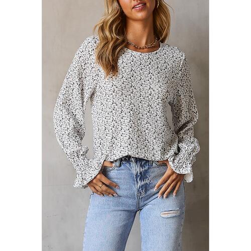 Azura Exchange Floral Printed Crinkled Ruffled Bubble Sleeve Blouse - XL - Main Image