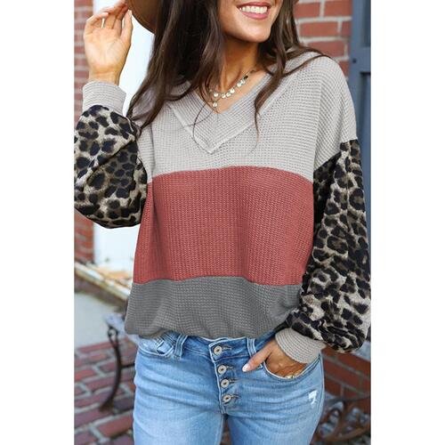 Azura Exchange Leopard Contrast Sleeve Colorblock Waffle Knit Top - S - Main Image