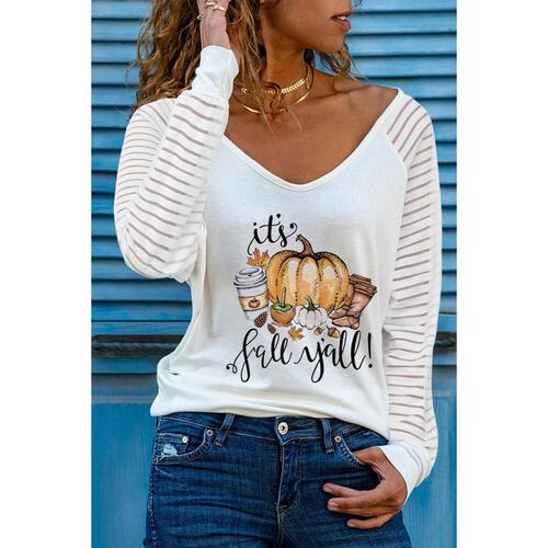Azura Exchange Fall Pumpkin Graphic Print V Neck Top - L - Main Image