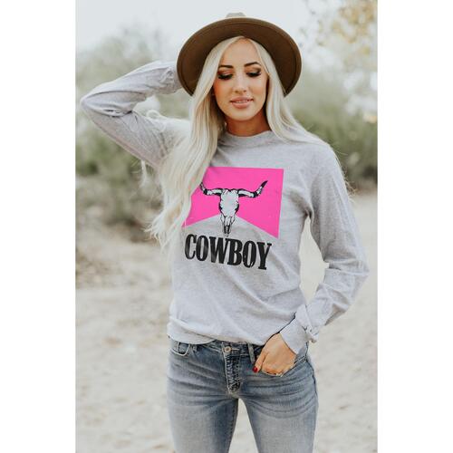 Azura Exchange Color Block Long Sleeve Top with Cowboy Steer Skull Print - S - Main Image