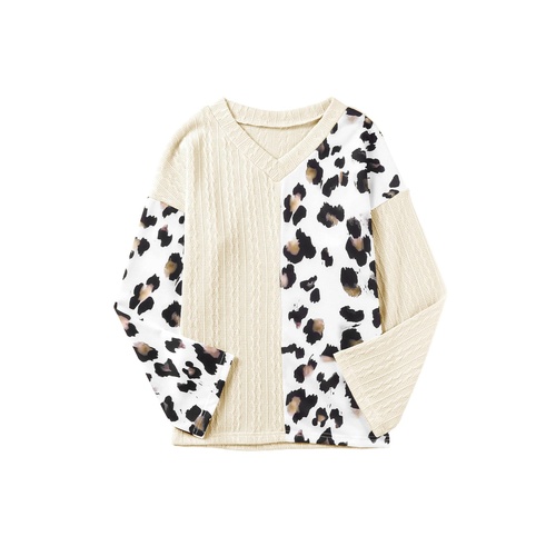 Beige Asymmetric Leopard Patchwork Wide Sleeve V Neck Sweater - M - Main Image