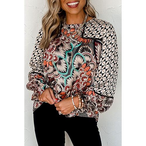 Azura Exchange Mixed Floral Geometric Print Ruffled Blouse - M - Main Image