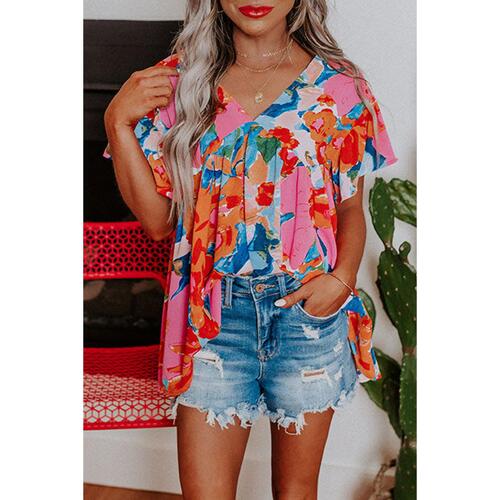 Azura Exchange Abstract Print V Neck Flutter Sleeve Blouse - S - Main Image