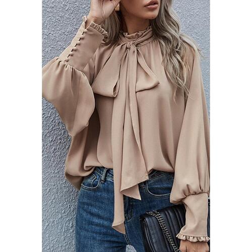 Azura Exchange Khaki Frilled Knotted Blouse with Bishop Sleeves - M - Main Image