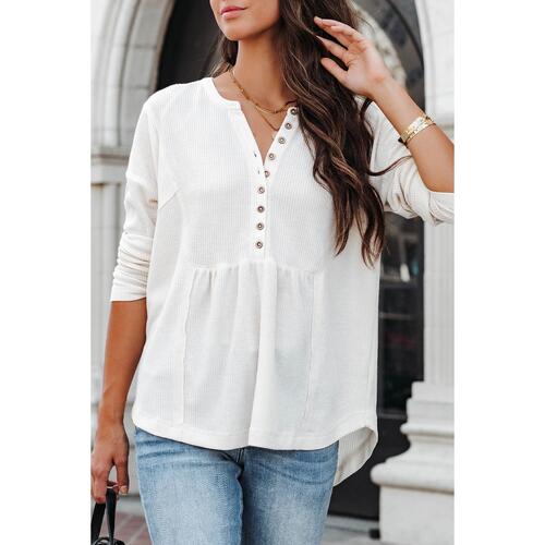 Azura Exchange Waffle Knit Half Button Henley Top - L - Main Image
