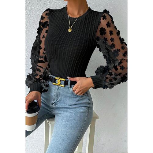 Azura Exchange Textured Knit Blouse with Floral Applique Mesh Sleeves - L - Main Image