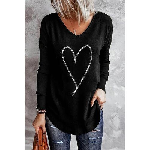 Azura Exchange Heart Shaped V Neck Long Sleeve Top with Rhinestone Embellishment - S - Main Image