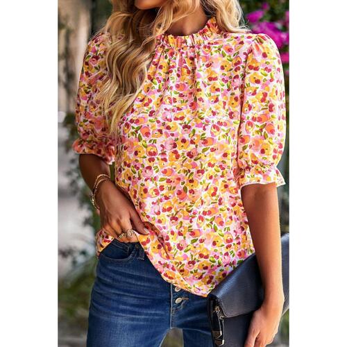 Azura Exchange Floral Ruffle Mock Neck Blouse - S - Main Image