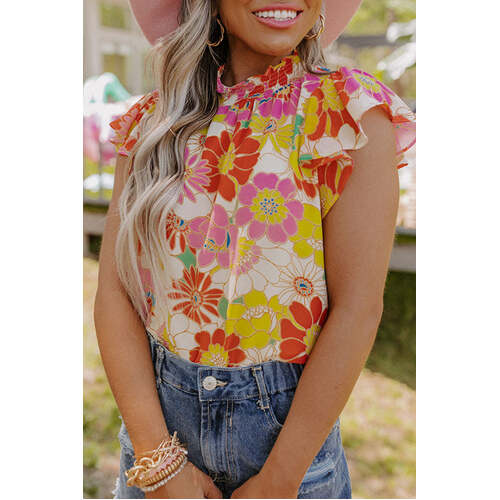 Azura Exchange Floral Flutter Sleeves Stand Collar Top - M - Main Image