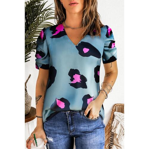 Azura Exchange Leopard Print Ruched Short Sleeve Blouse - M - Main Image