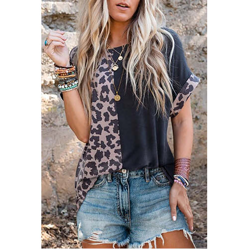 Azura Exchange Leopard Patchwork Short Sleeves Top - S - Main Image