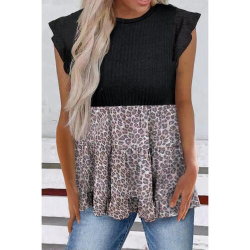 Azura Exchange Ruffle Sleeve Leopard Splice Blouse - S - Main Image