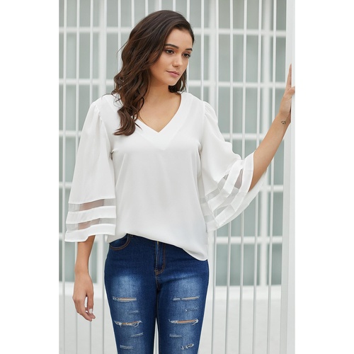 White Flare Sleeve V Neck Loose Blouse - 2XL - Main Image