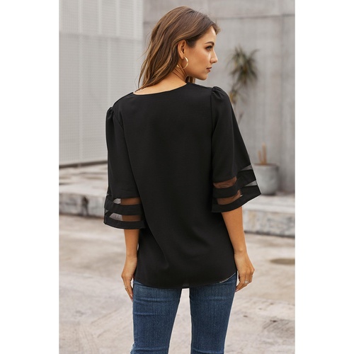 Black Flare Sleeve V Neck Loose Blouse - S - Main Image