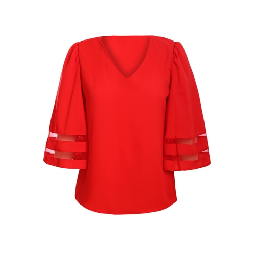 Red Flare Sleeve V Neck Loose Blouse - M - Main Image