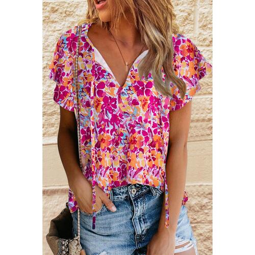 Azura Exchange Floral Print Top with Flutter Sleeves - L - Main Image