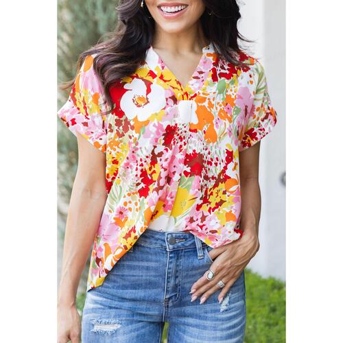Azura Exchange Floral Print V Neck Short Sleeves Top - M - Main Image