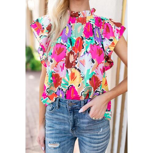 Azura Exchange Abstract Floral Print Frilled Neck Pleated Blouse - M - Main Image