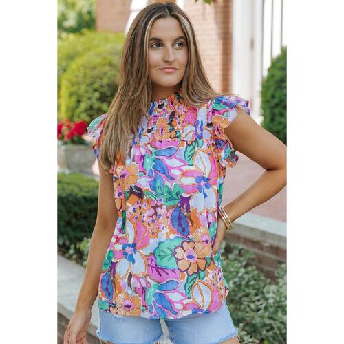Azura Exchange Flutter Sleeves Smocked Neck Blouse with Floral Print - XL - Main Image