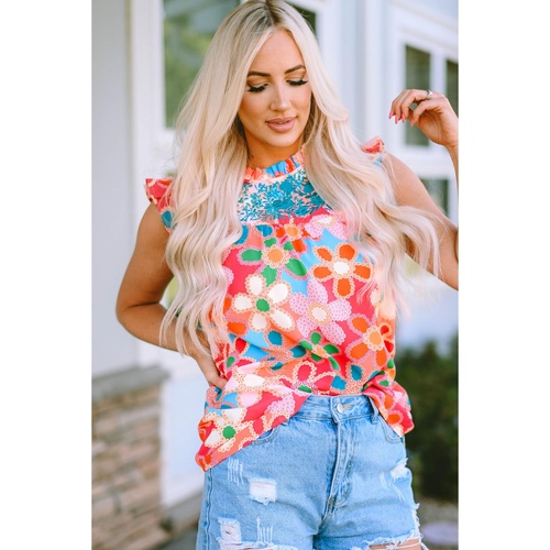 Pink Embroidered Detail Floral Print Ruffle Trim Tank Top - XL - Main Image