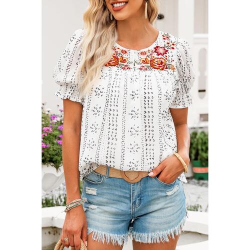 Azura Exchange Embroidered Ethnic Printed Crinkle Blouse - M - Main Image