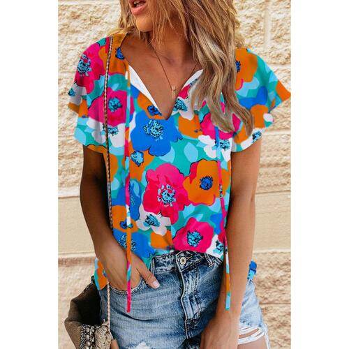 Azura Exchange Floral Print Drawstring V Neck Short Sleeve Blouse - M - Main Image