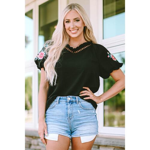 Azura Exchange Embroidered Bubble Sleeve Frill V Neck Top - S - Main Image
