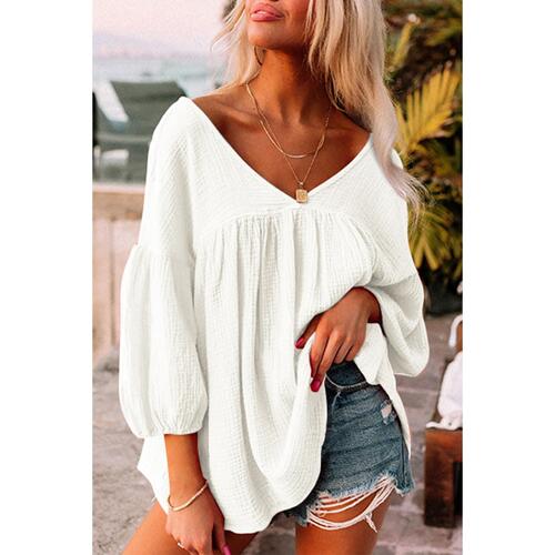 Azura Exchange Textured V Neck Bracelet Sleeve Babydoll Blouse - M - Main Image