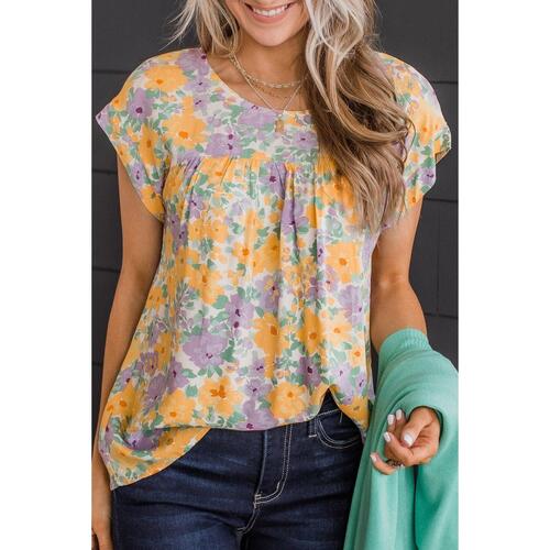 Azura Exchange Print Keyhole Back Short Sleeve Babydoll Blouse - S - Main Image