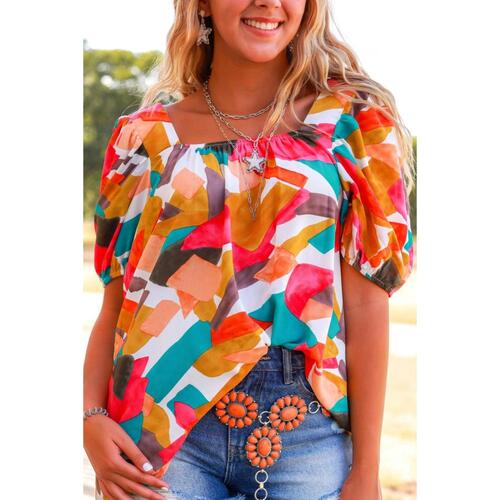 Azura Exchange Abstract Print Square Neck Short Sleeve Blouse - L - Main Image