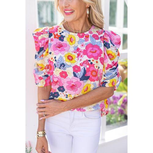 Azura Exchange Floral Ruched Puff Sleeve Blouse - S - Main Image